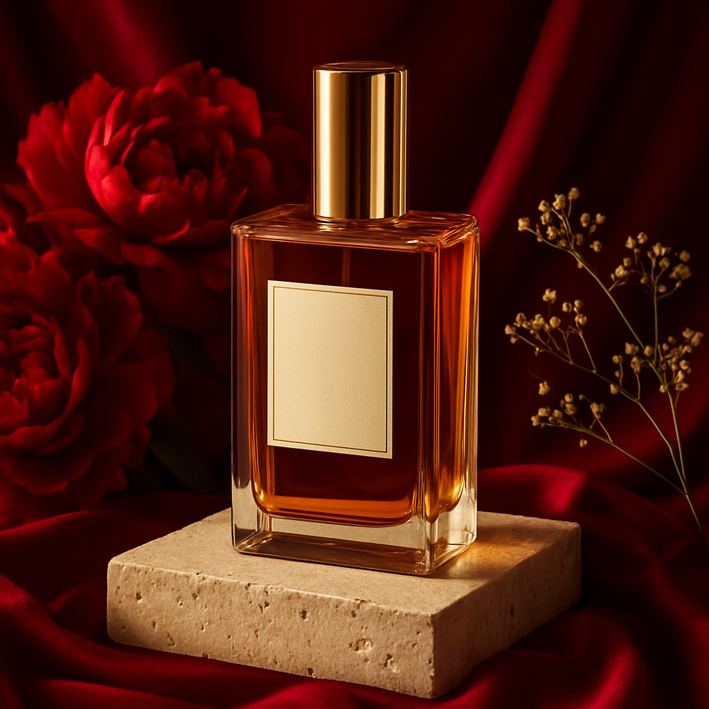 Bespoke Scensora perfume bottle on stone with red peonies